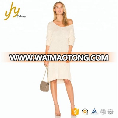 Casual Thin Breathable Cream Knit Deep V Neck Long Dress