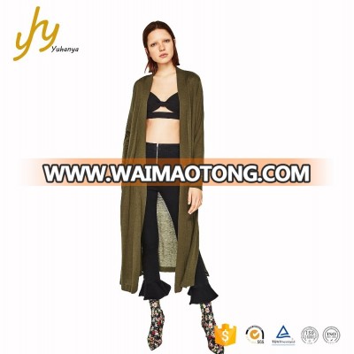 Yuhanya Olive Green Hidden Pocket Drape Side Slit Hem Long Coat Cardigan Sweater Wholesale