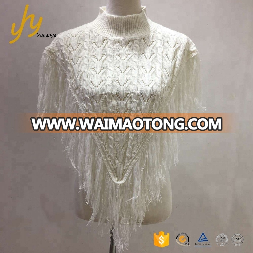 Sex Breathable Fringe Hem Turtleneck Shawl White Knitted Poncho Sweater