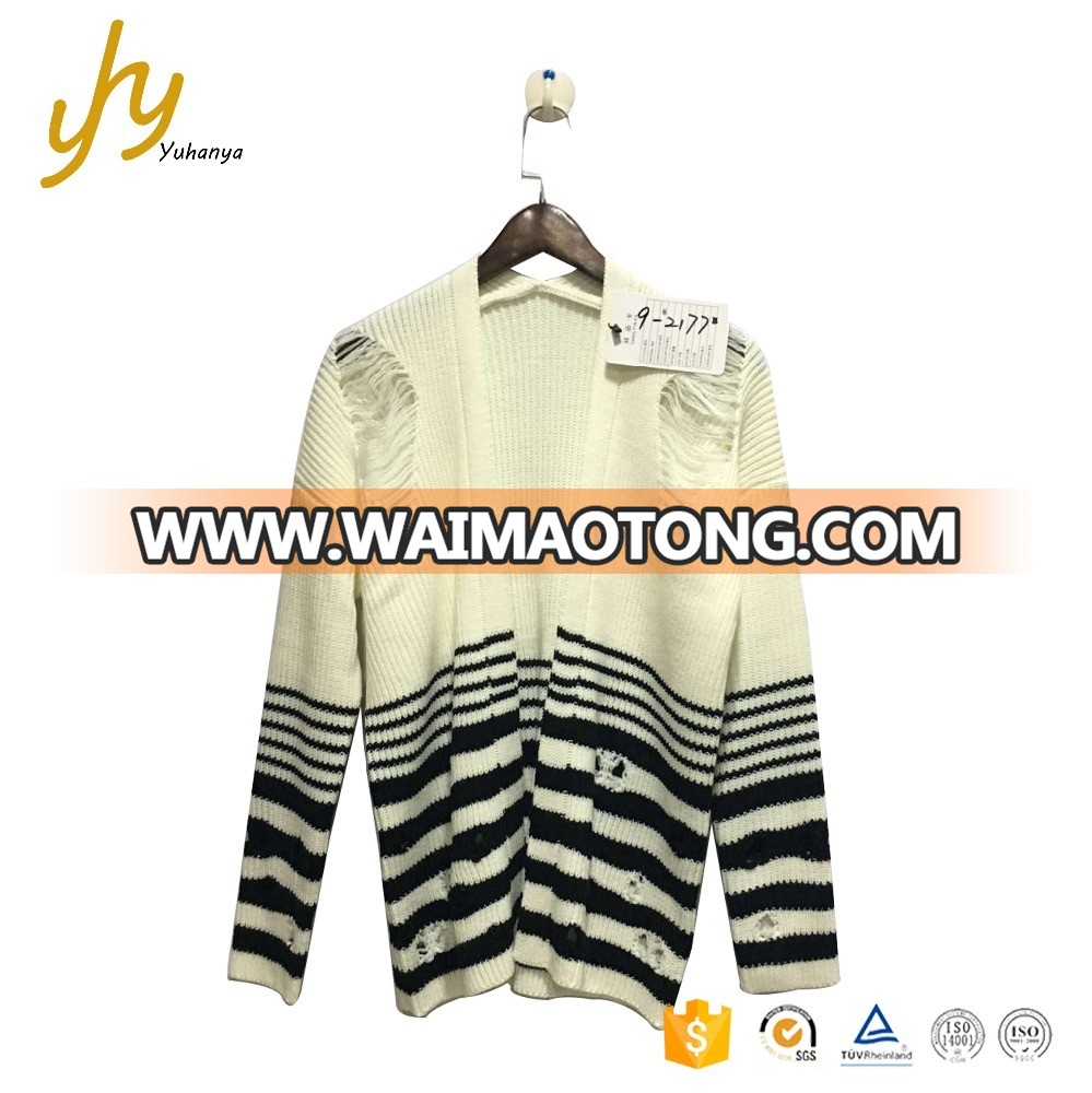 Fall Casual Striped Customized Tear White Black Cardigan Lady Sweater